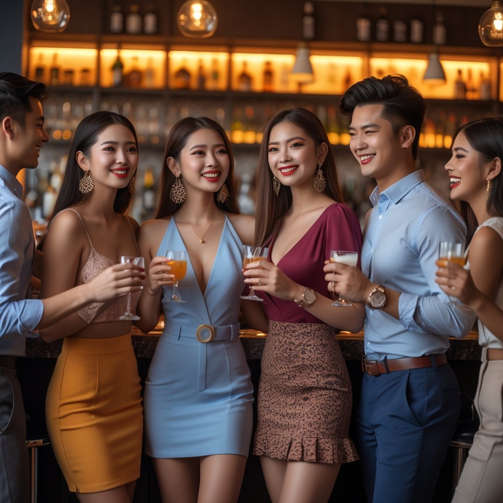 A group of young adults enjoying drinks and socializing in a modern bar, wearing fashionable outfits.