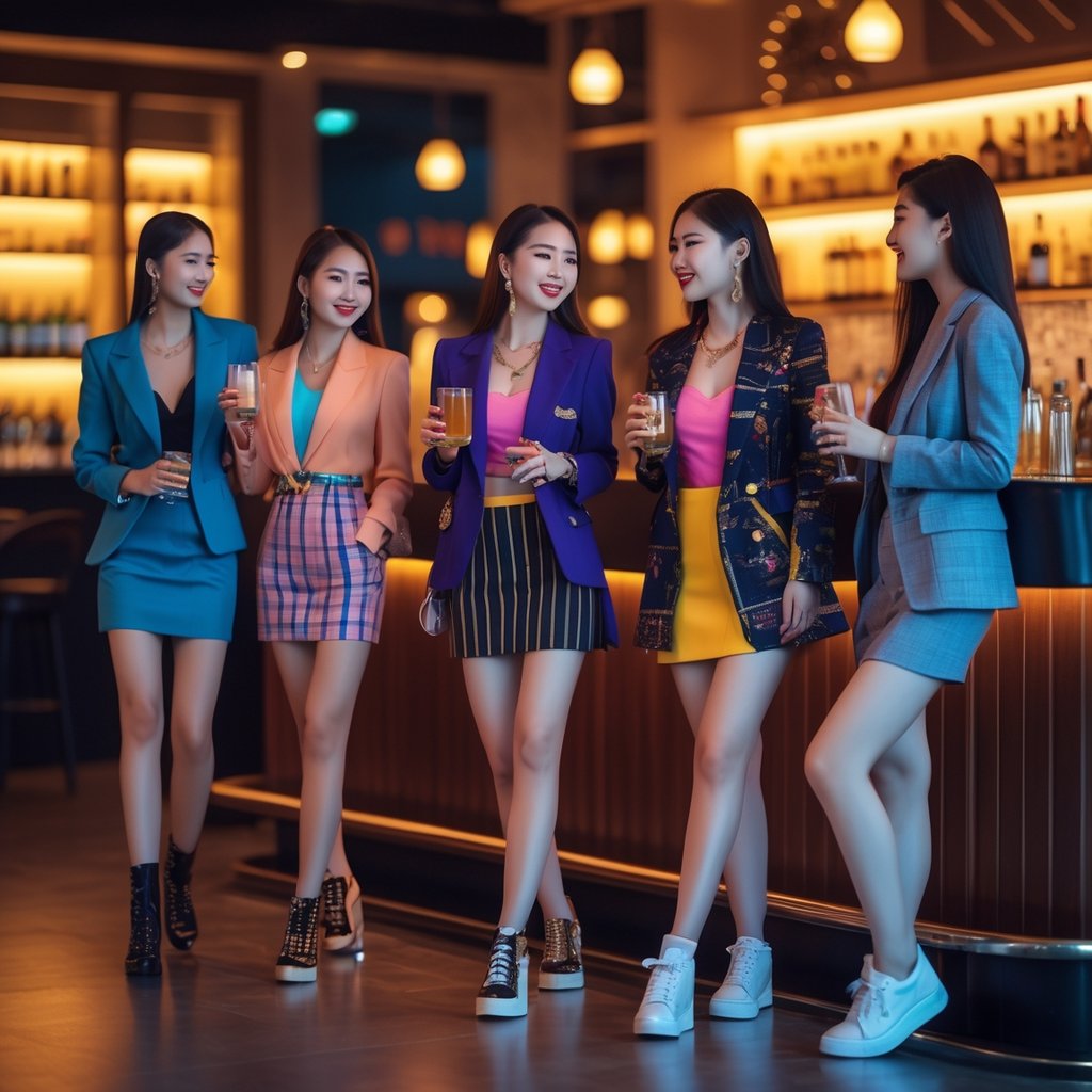 A group of young adults socializing inside a modern bar, wearing fashionable outfits and holding drinks.