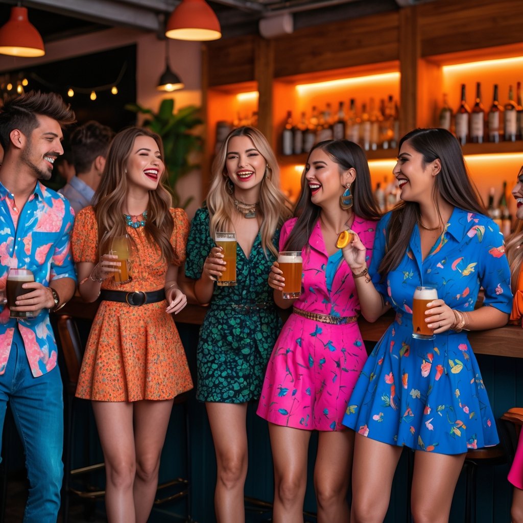 A group of young adults wearing colorful, playful outfits enjoying drinks and conversation in a modern bar.