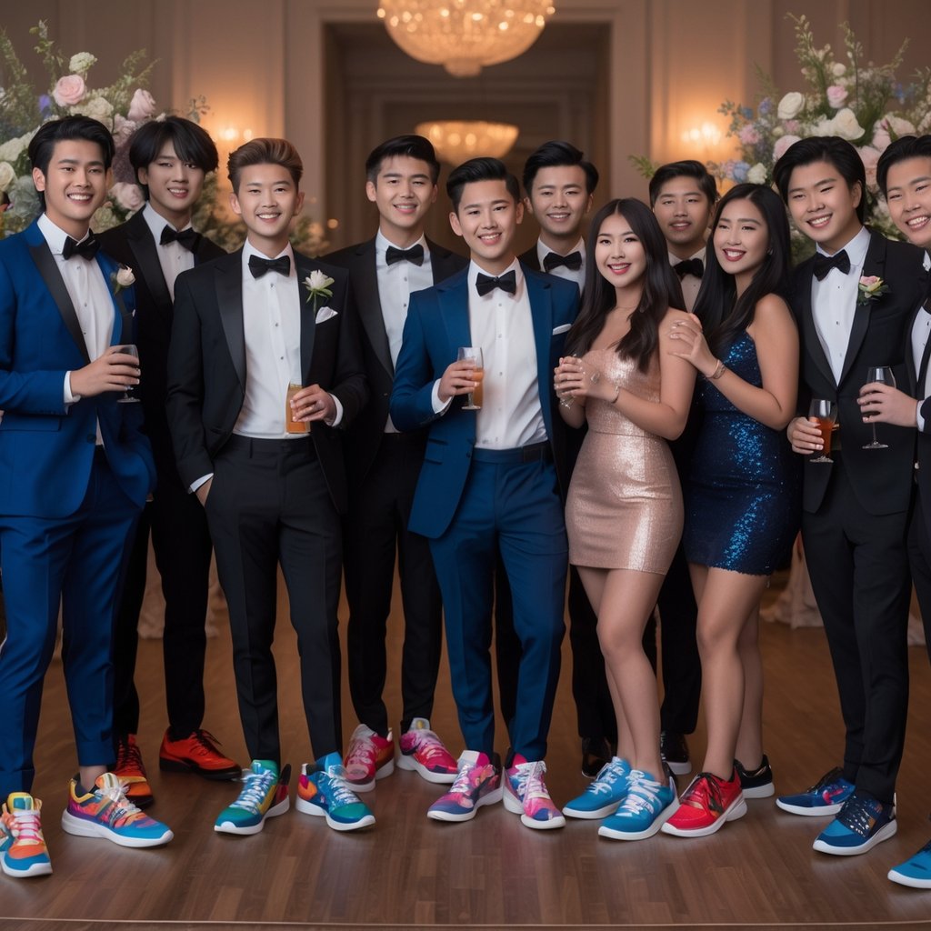 A group of young adults dressed in formal outfits paired with stylish sneakers, socializing in an elegant ballroom setting.