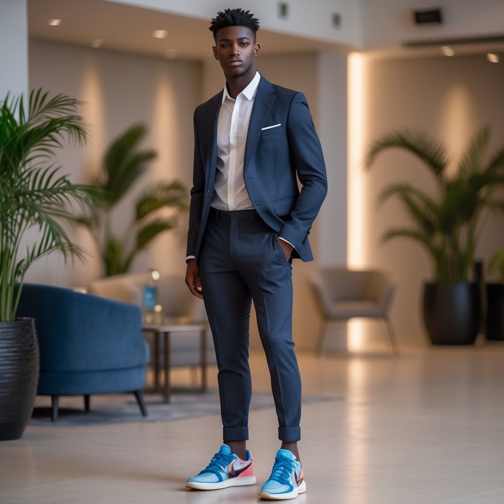 A person wearing a blazer, white shirt, fitted trousers, and colorful sneakers posing indoors at a stylish event.