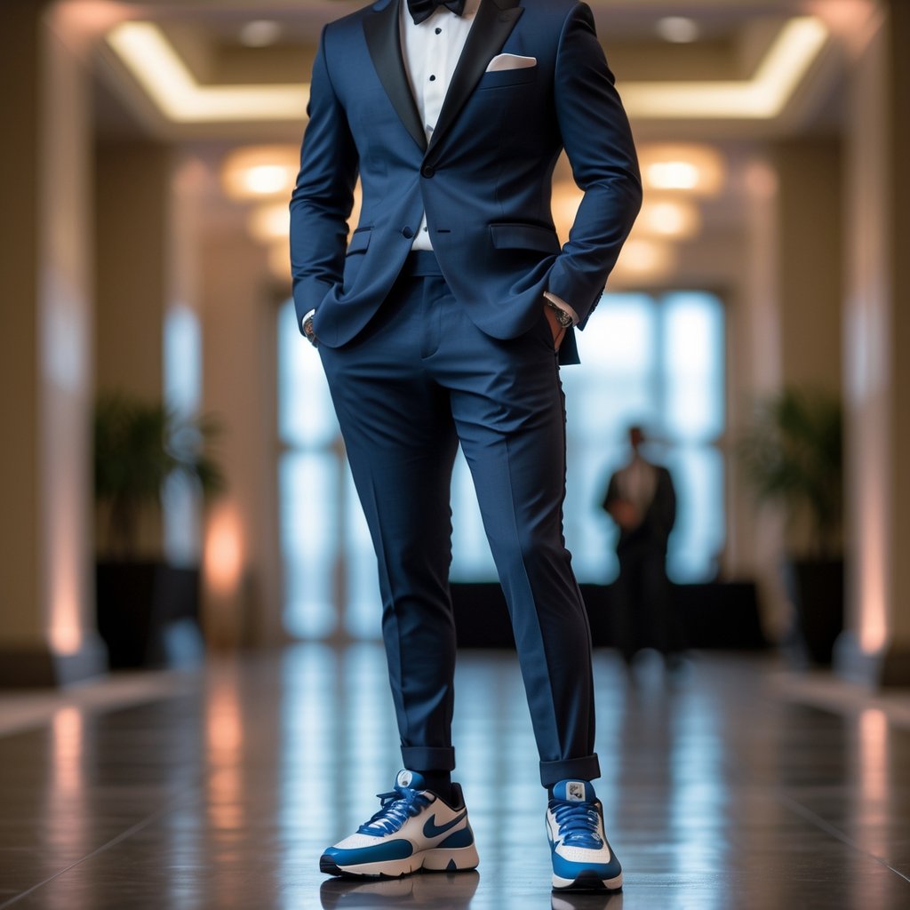 A person wearing a suit paired with stylish sneakers posing indoors at an elegant event.