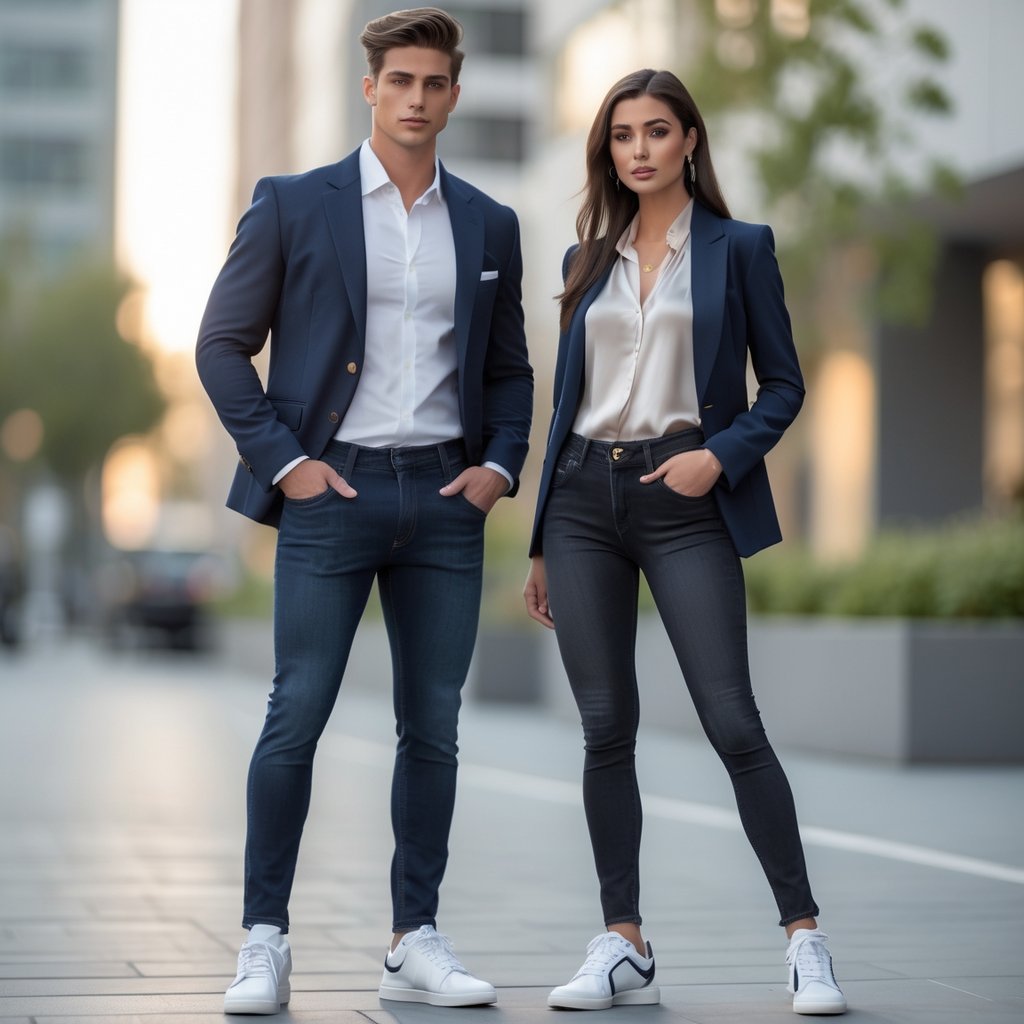 A young man and woman wearing jeans paired with blazers and sneakers, standing confidently outdoors in an urban setting.