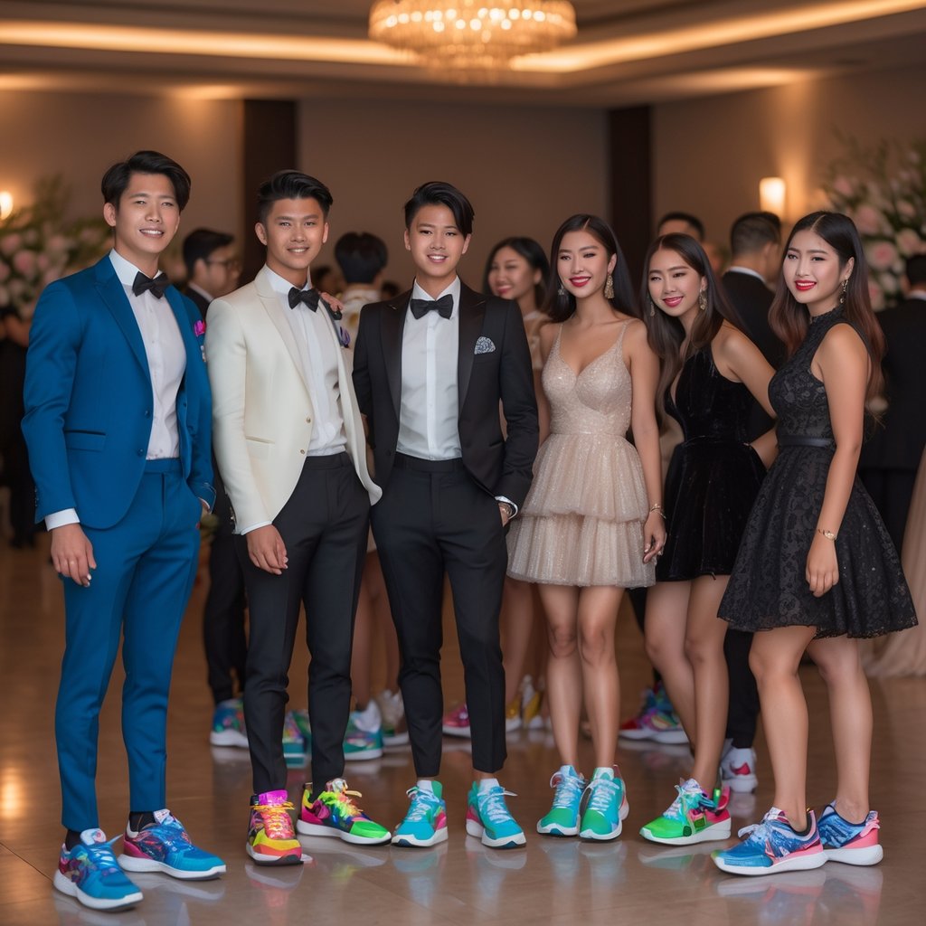 A group of young adults dressed in formal outfits paired with sneakers, standing together in a ballroom.