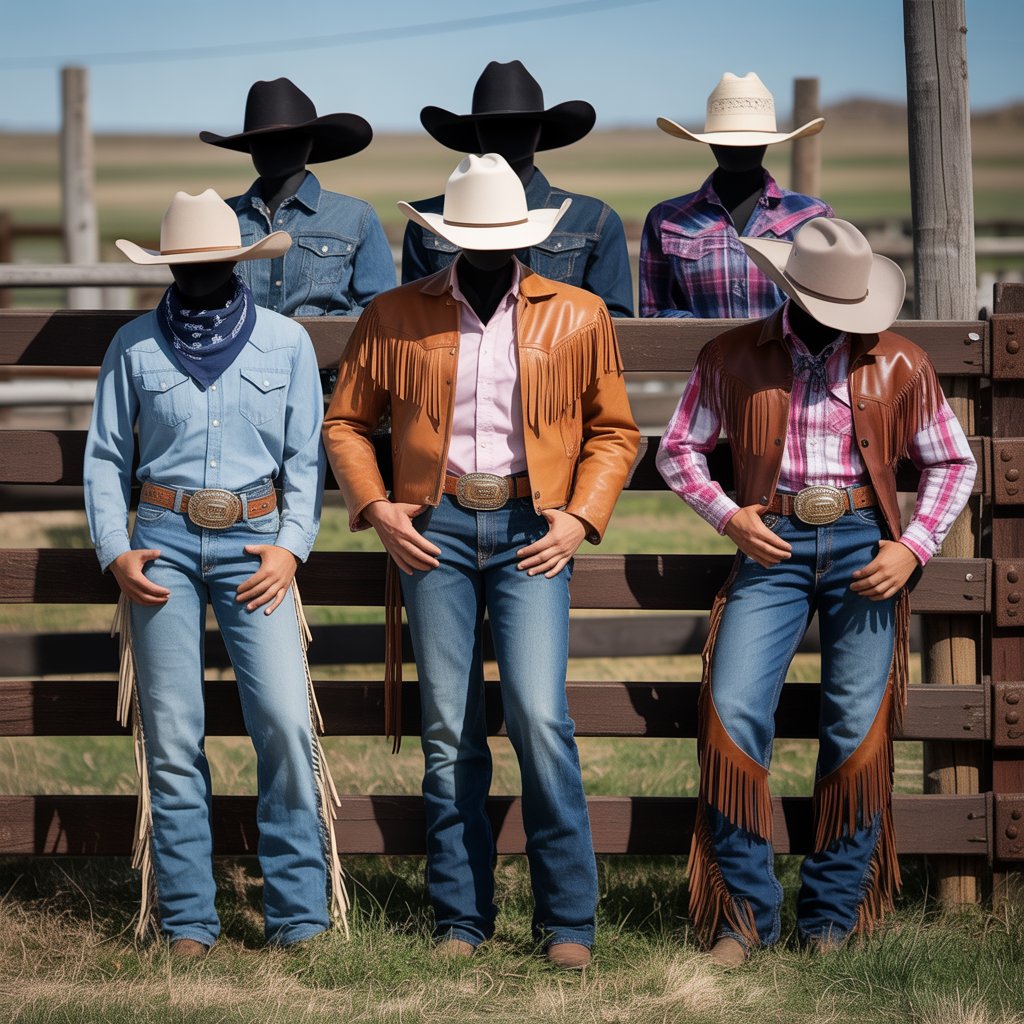 Several people dressed in traditional rodeo clothing standing outdoors near a wooden fence under a clear sky.