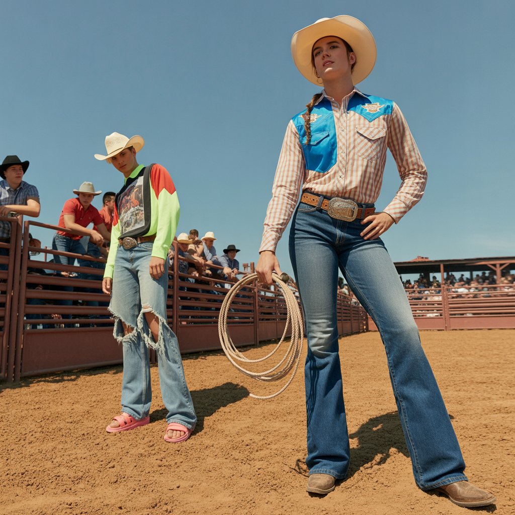Two people standing near a rodeo arena, one wearing bright casual clothes and sandals, the other dressed in traditional rodeo attire with a cowboy hat and boots.