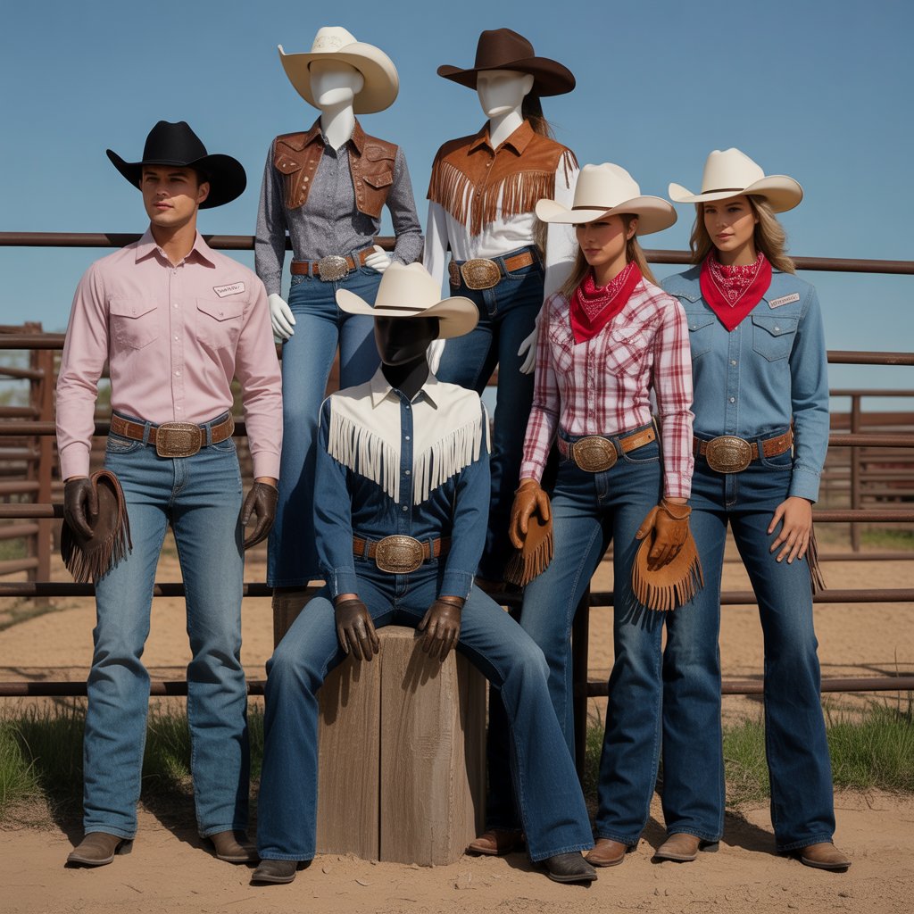 People and mannequins wearing various rodeo outfits including cowboy hats, boots, jeans, and plaid shirts in an outdoor rodeo setting.