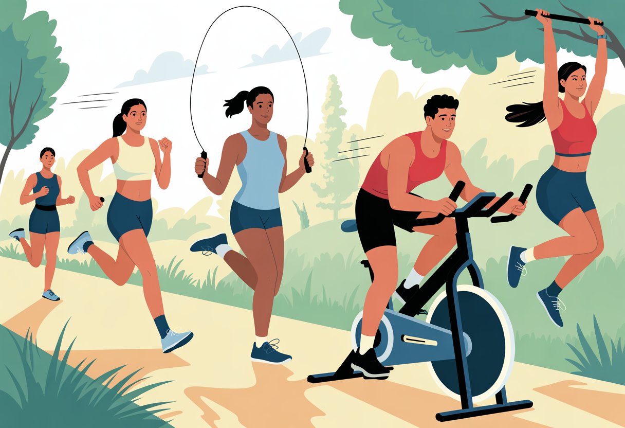A group of people doing different cardio exercises including running, jumping rope, cycling, and high-intensity interval training in a bright outdoor and indoor setting.