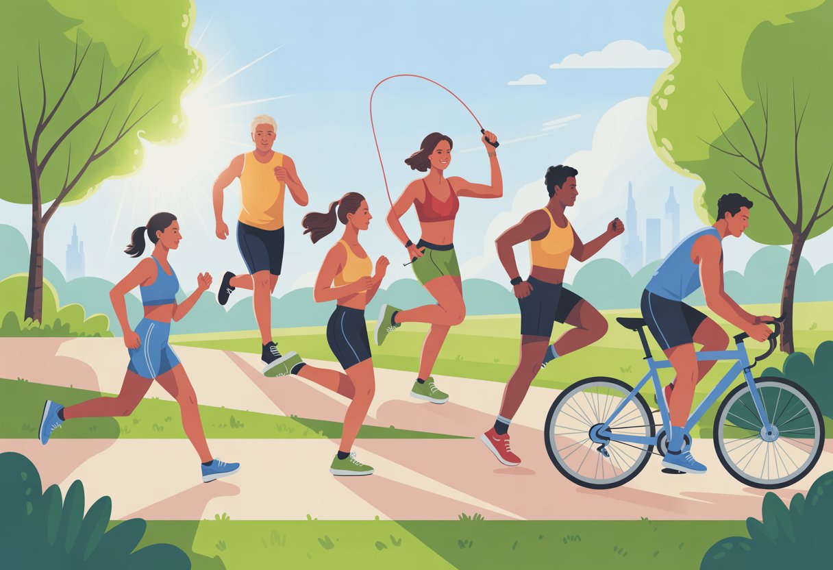 People performing different cardio exercises outdoors in a park, including running, jumping rope, high knees, and cycling.