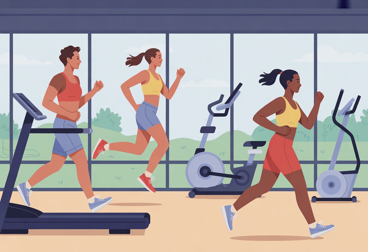 A group of people exercising with different cardio workouts indoors and outdoors, showing various fitness levels.