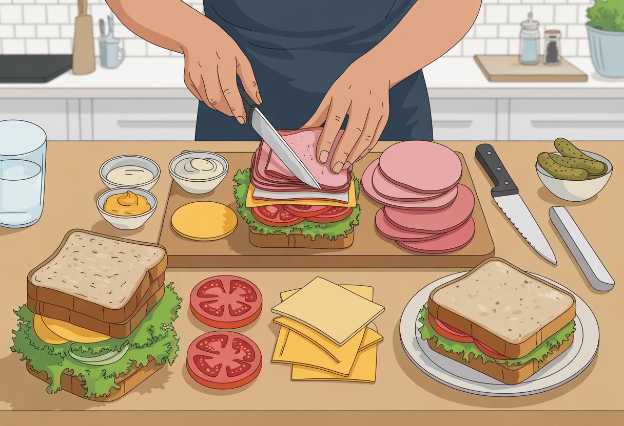 Hands assembling a sandwich with fresh ingredients on a cutting board, showing the process of layering bread, lettuce, tomato, meat, and cheese in a kitchen setting.