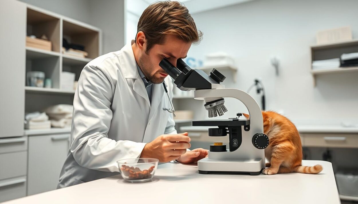 vet analyzing cat stool sample