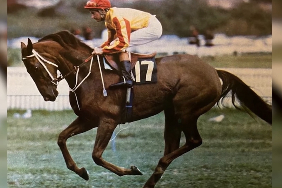 Kingston Rule with jockey in red and yellow silks during his record-breaking 1990 Melbourne Cup victory