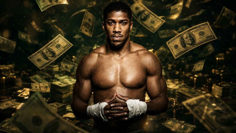 Shirtless heavyweight boxer with wrapped hands standing in front of floating US dollar bills.
