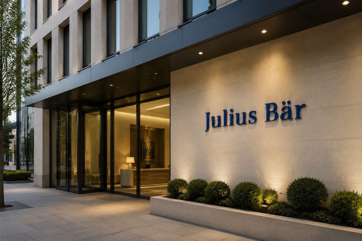 Modern Julius Baer International building entrance with the bank name displayed on the exterior wall.