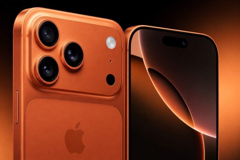 Orange iPhone 18 Pro concept showing front and rear views.