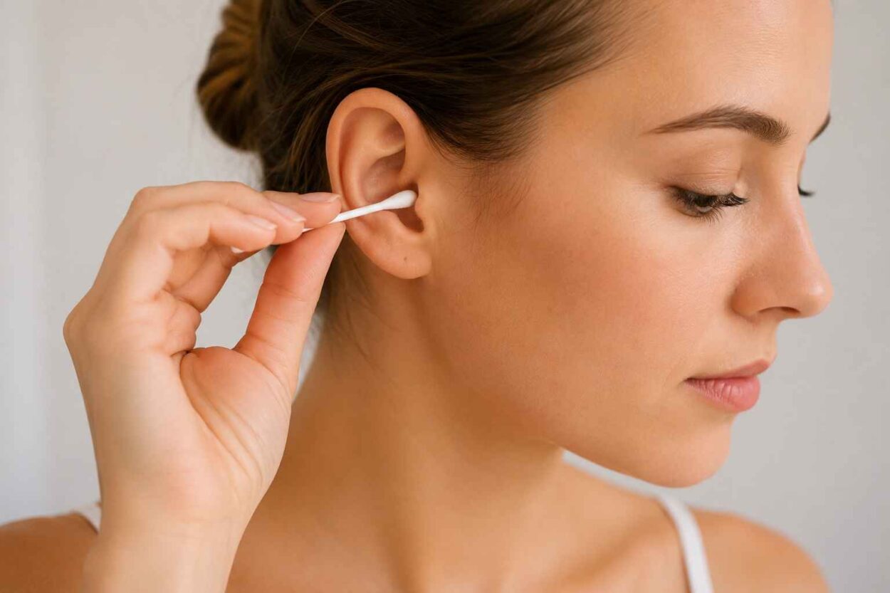 Woman cleaning her ear with a cotton swab.