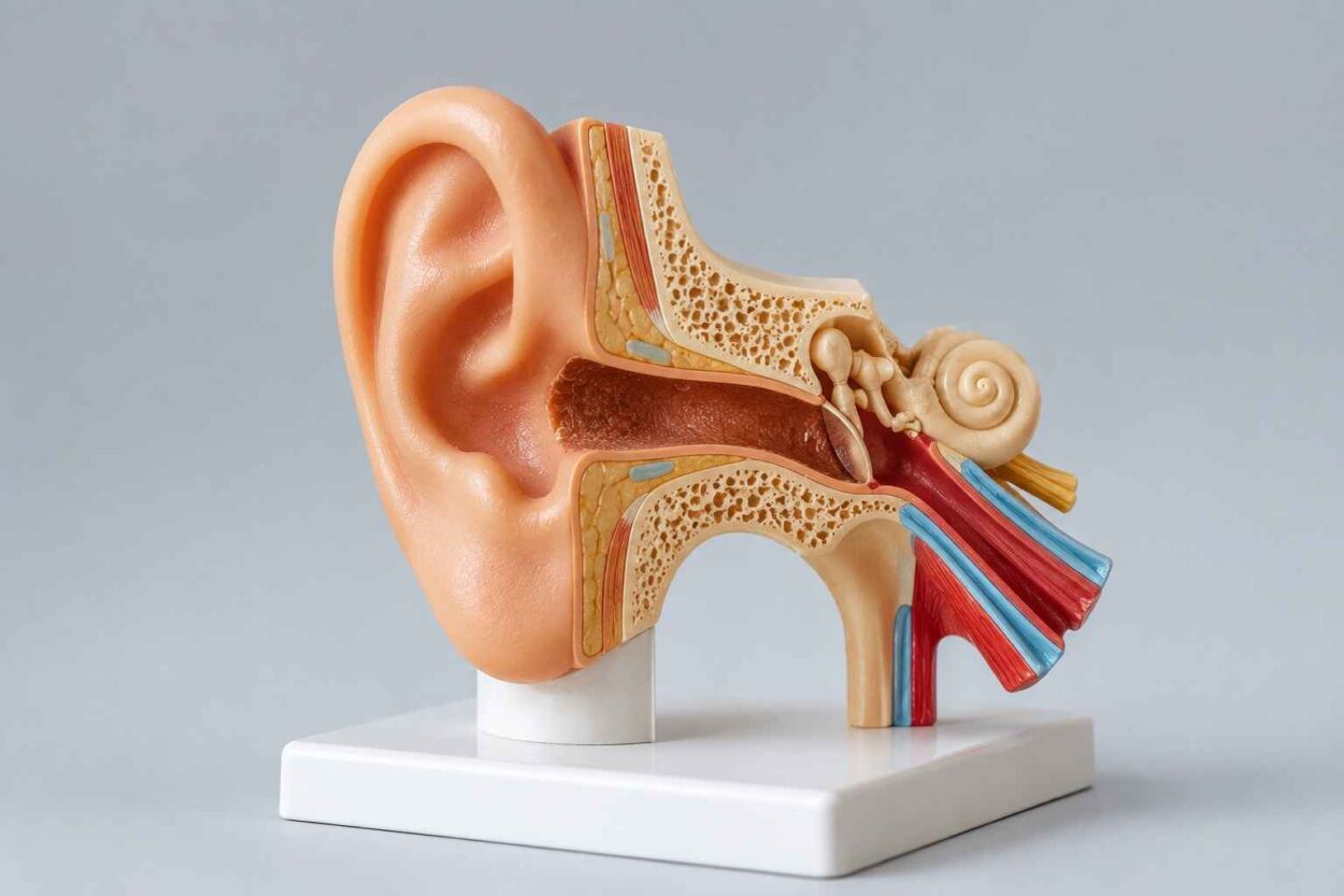 Cross-sectional model of the outer, middle and inner ear.