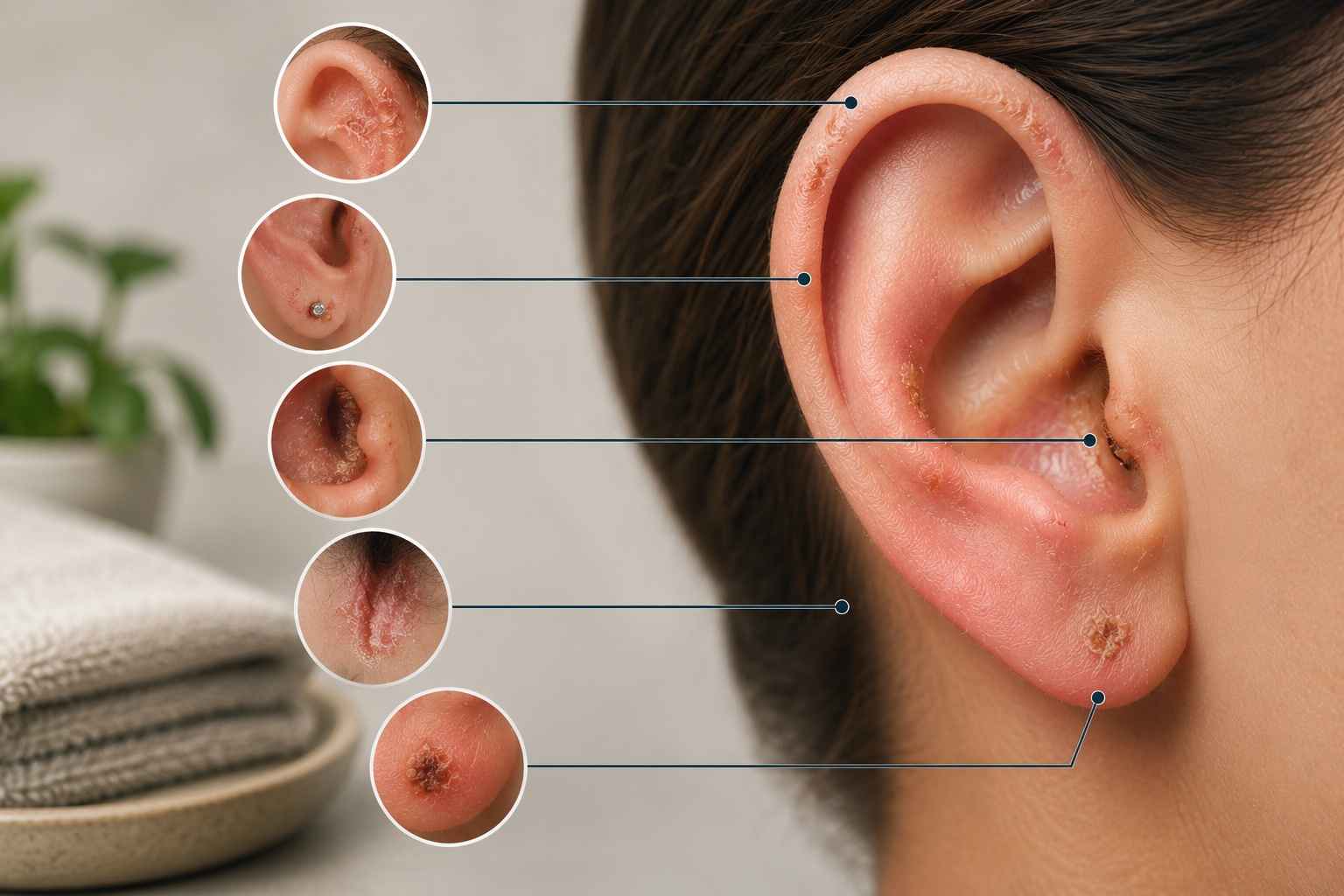 Close-up of ear scabs in different locations.