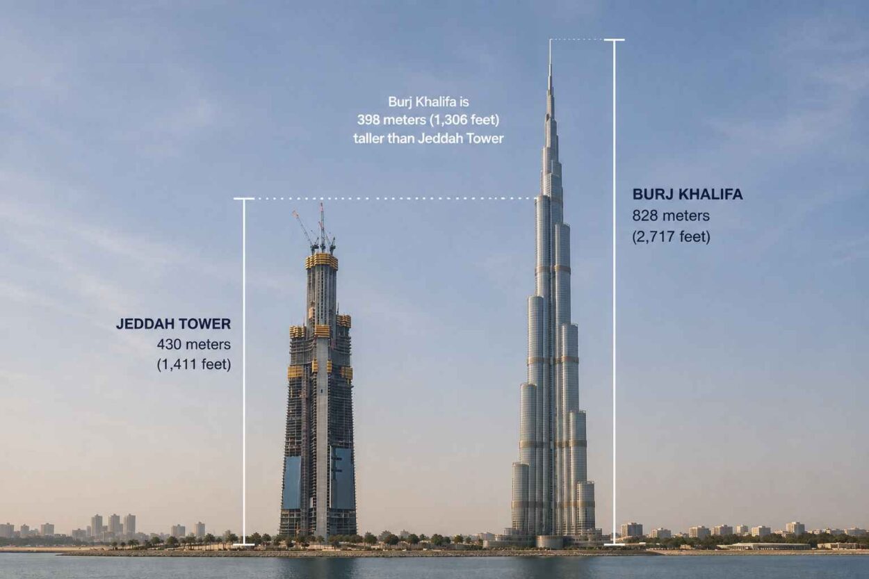 Height comparison between Jeddah Tower and Burj Khalifa.