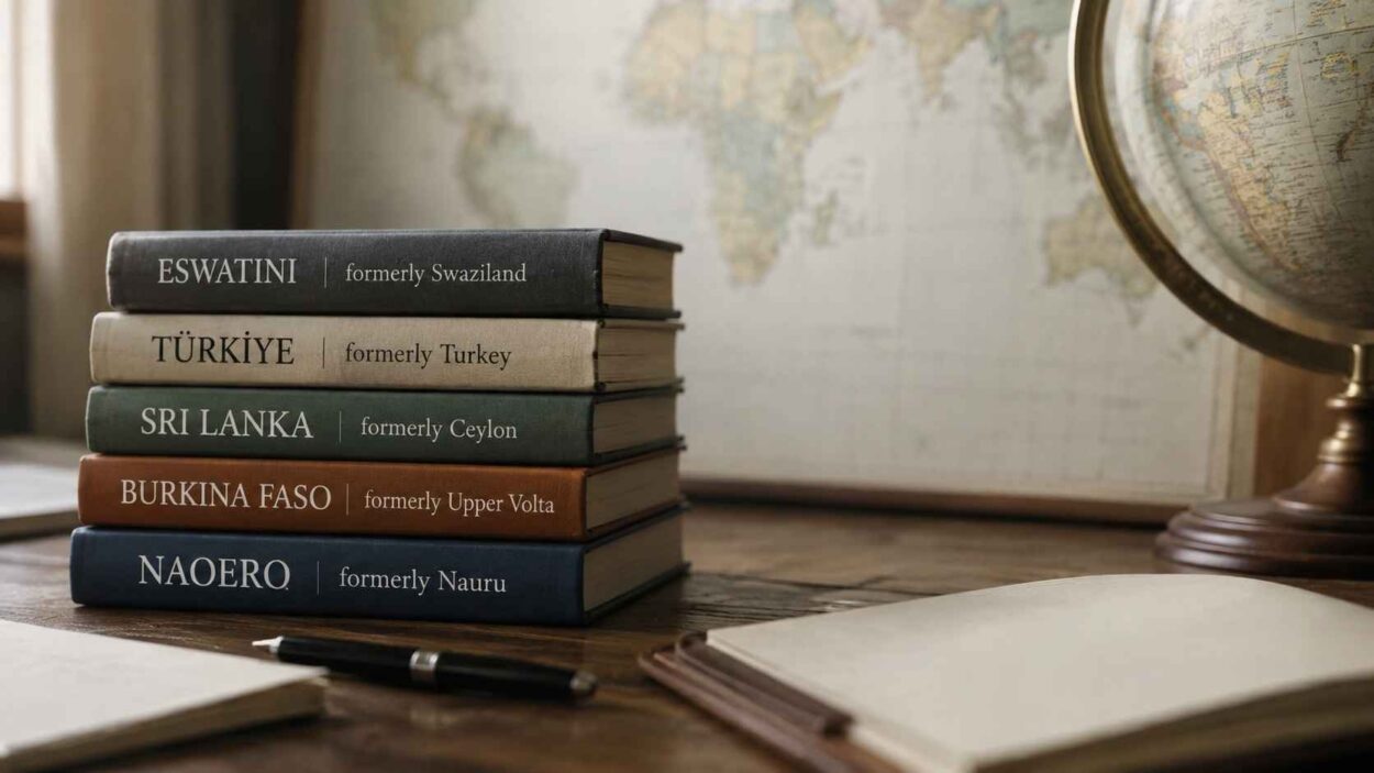 Books showing the restored names of Naoero, Eswatini, Türkiye, Sri Lanka and Burkina Faso