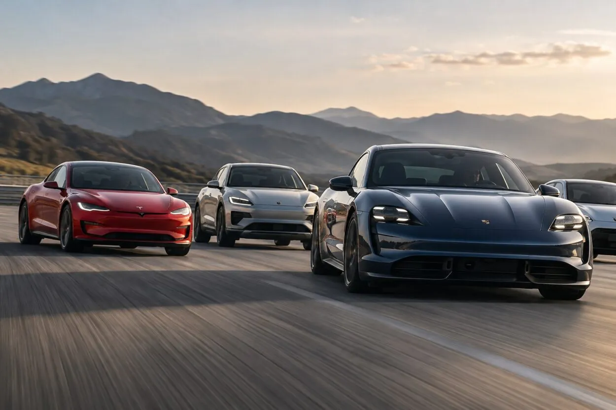 Several electric performance cars speed along a mountain highway.