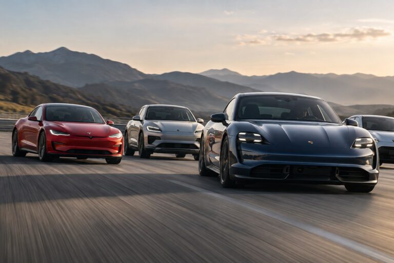 Several electric performance cars speed along a mountain highway.