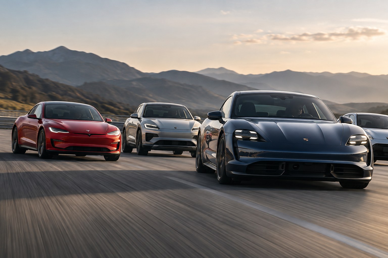 Several electric performance cars speed along a mountain highway.
