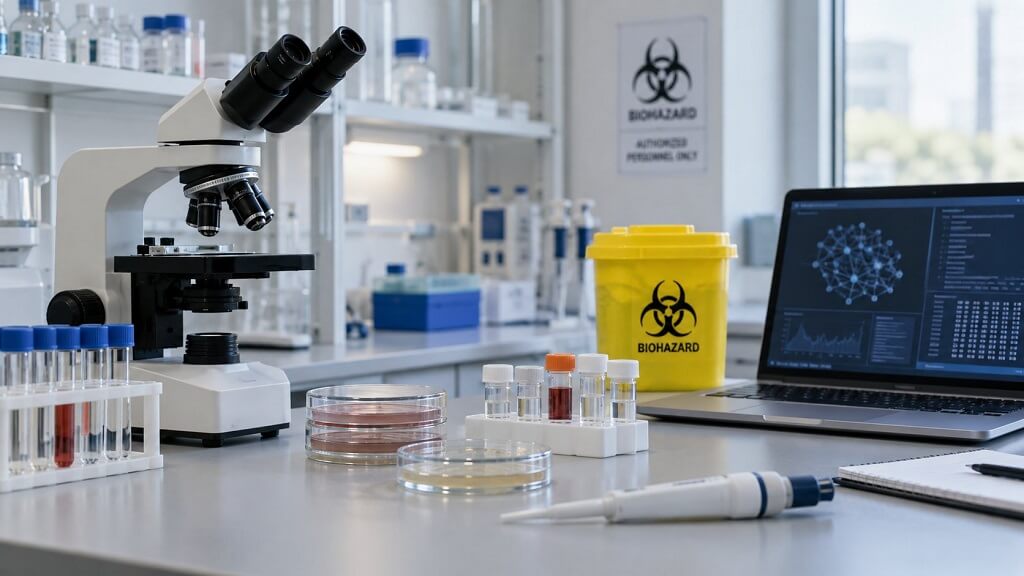 Biological research laboratory with microscope, samples and AI analysis on a laptop