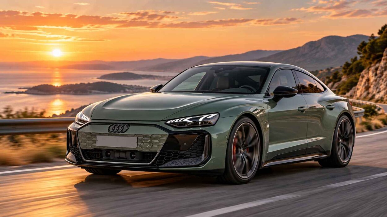 Green Audi RS e-tron GT Performance driving on a scenic coastal highway.