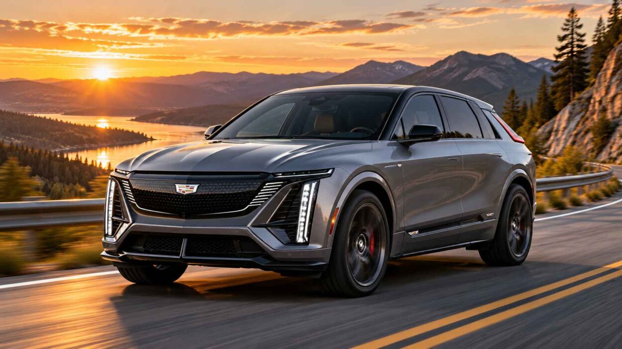Gray Cadillac Lyriq-V on a scenic mountain highway.