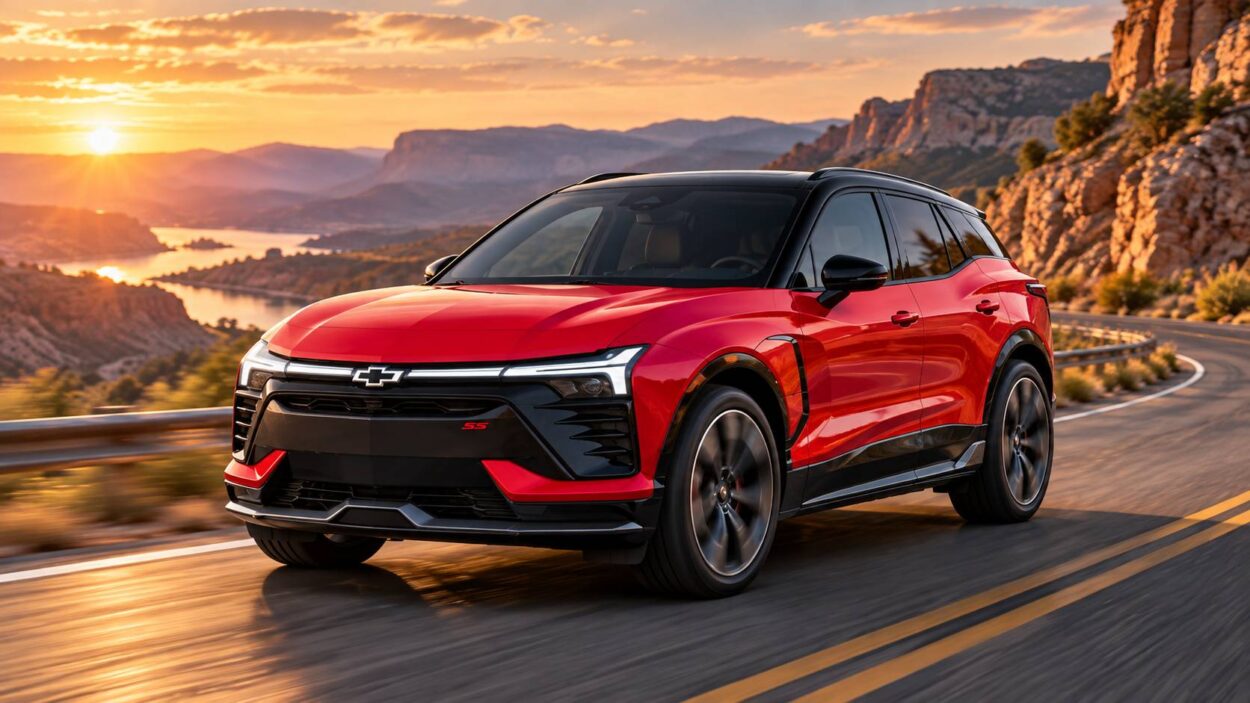 Red Chevrolet Blazer EV SS on a scenic mountain road.