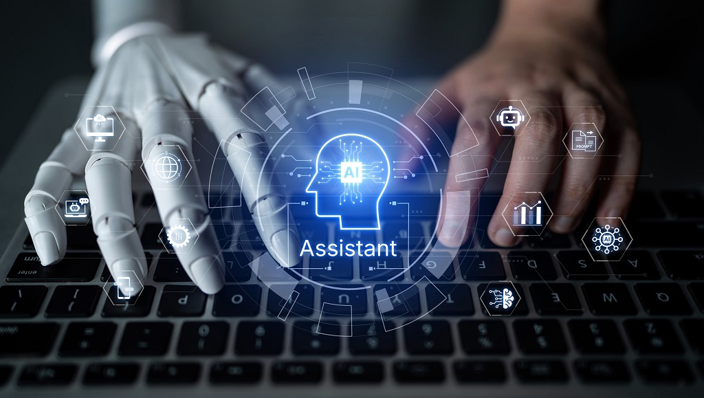 Human and robotic hands typing on a laptop with an AI assistant interface