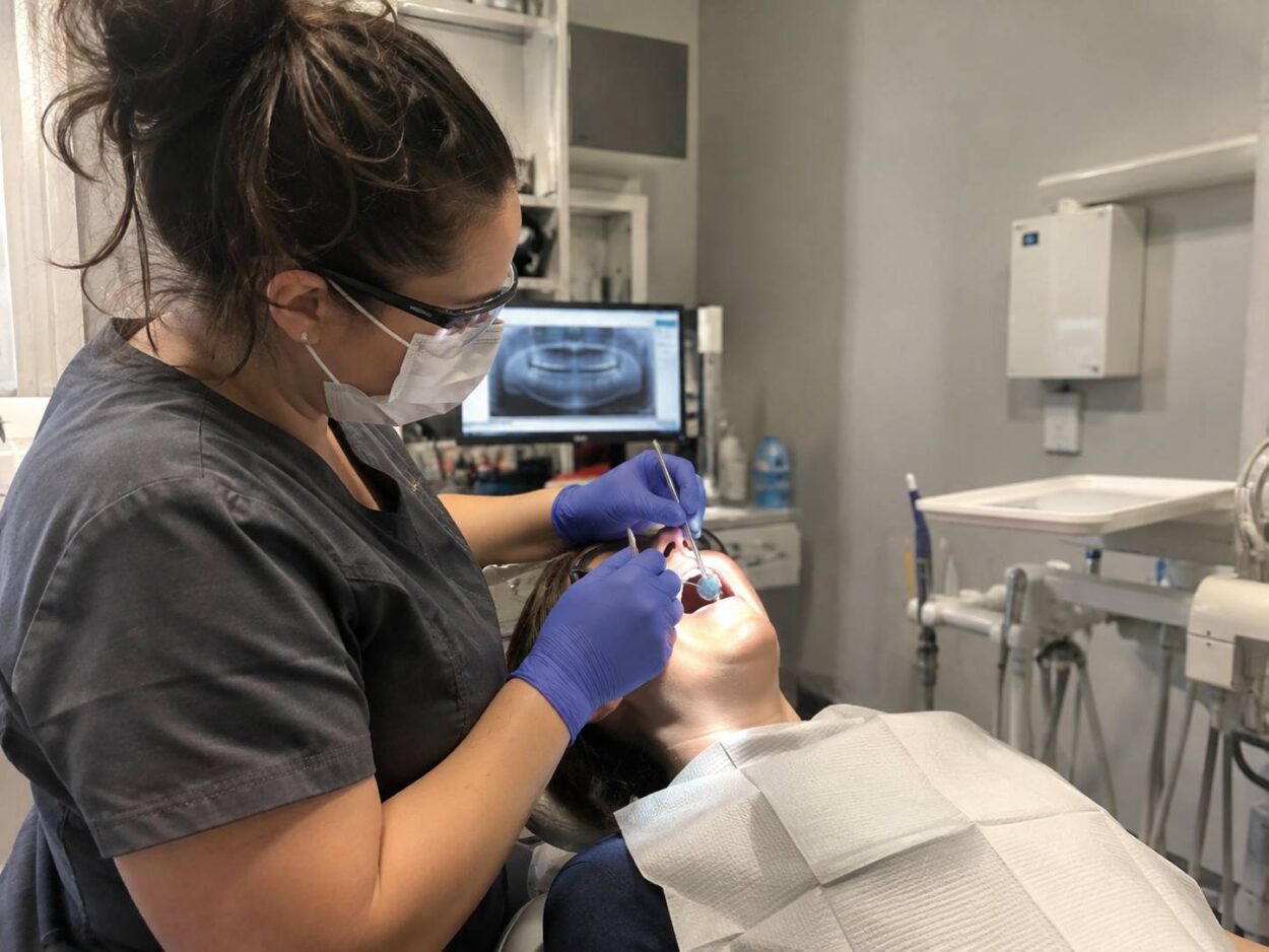 Dental assistant works beside a patient in a dental clinic.