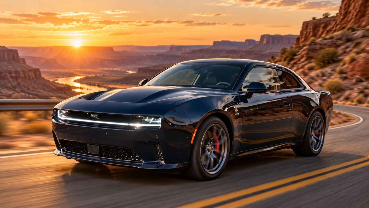 Dark blue Dodge Charger Daytona Scat Pack on a scenic road.