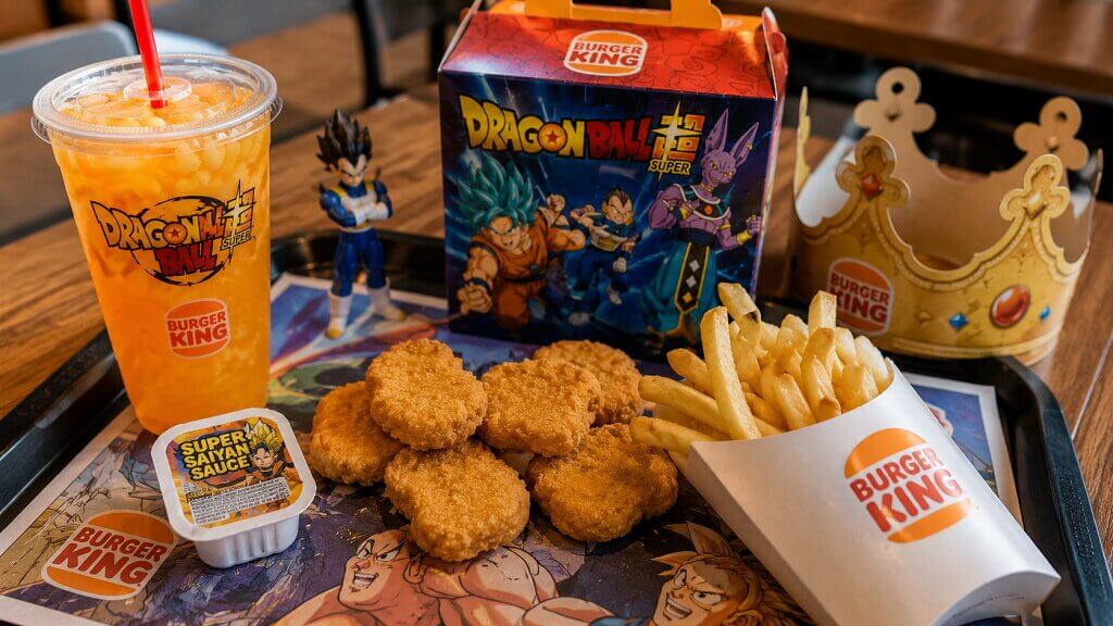 Dragon Ball Super Burger King meal with chicken nuggets, fries, lemonade and Super Saiyan Sauce