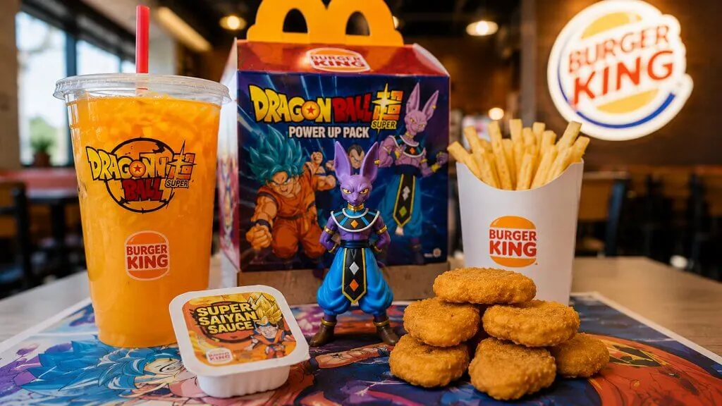 Dragon Ball Super Burger King Power Up Pack with Beerus figure, nuggets, fries and lemonade