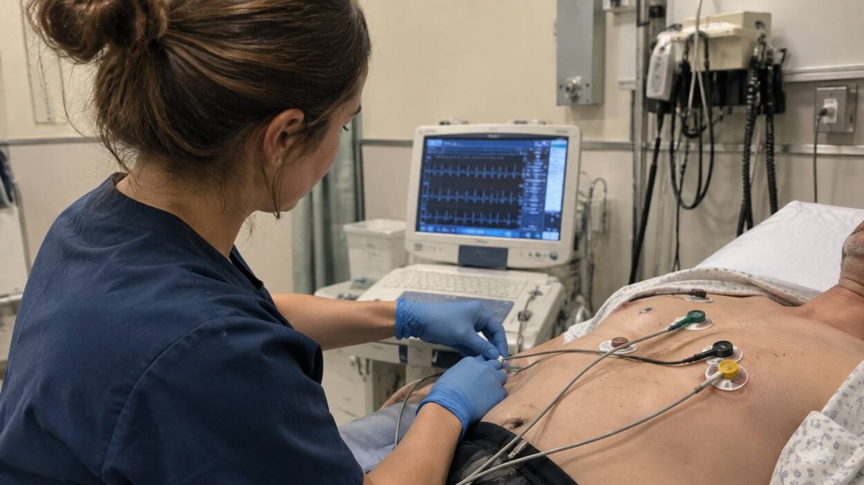 EKG technician places electrodes on a patient’s chest.