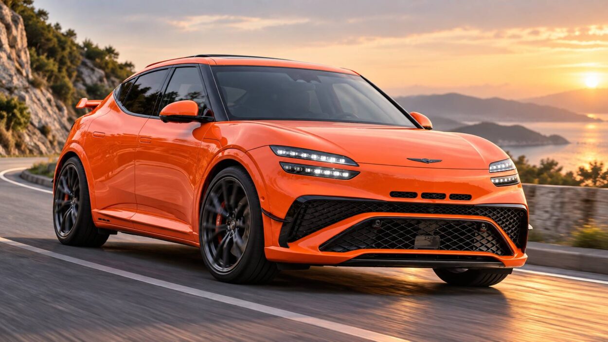 Orange Genesis GV60 Magma on a scenic coastal road