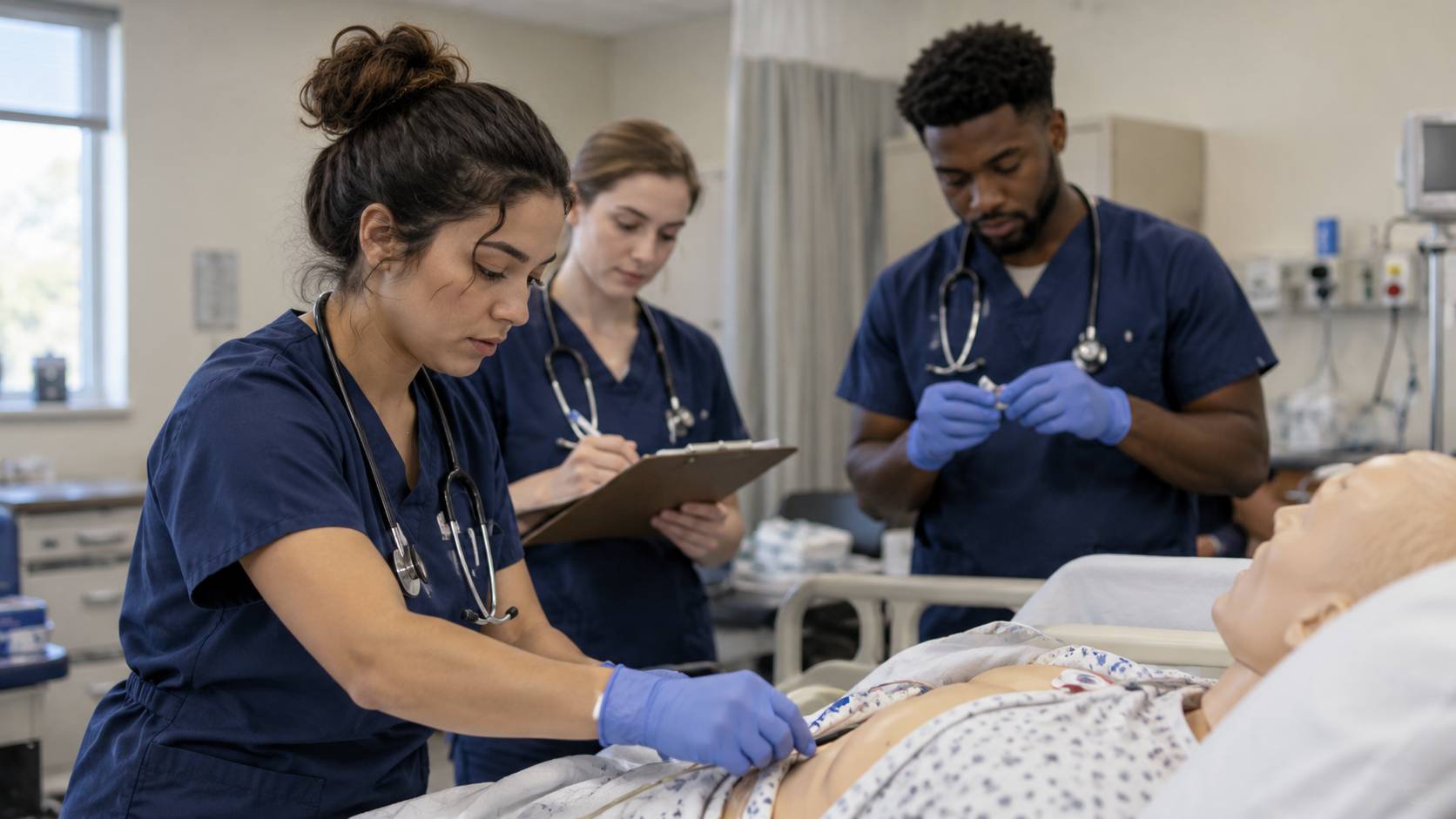 Three healthcare students work with a patient simulator.