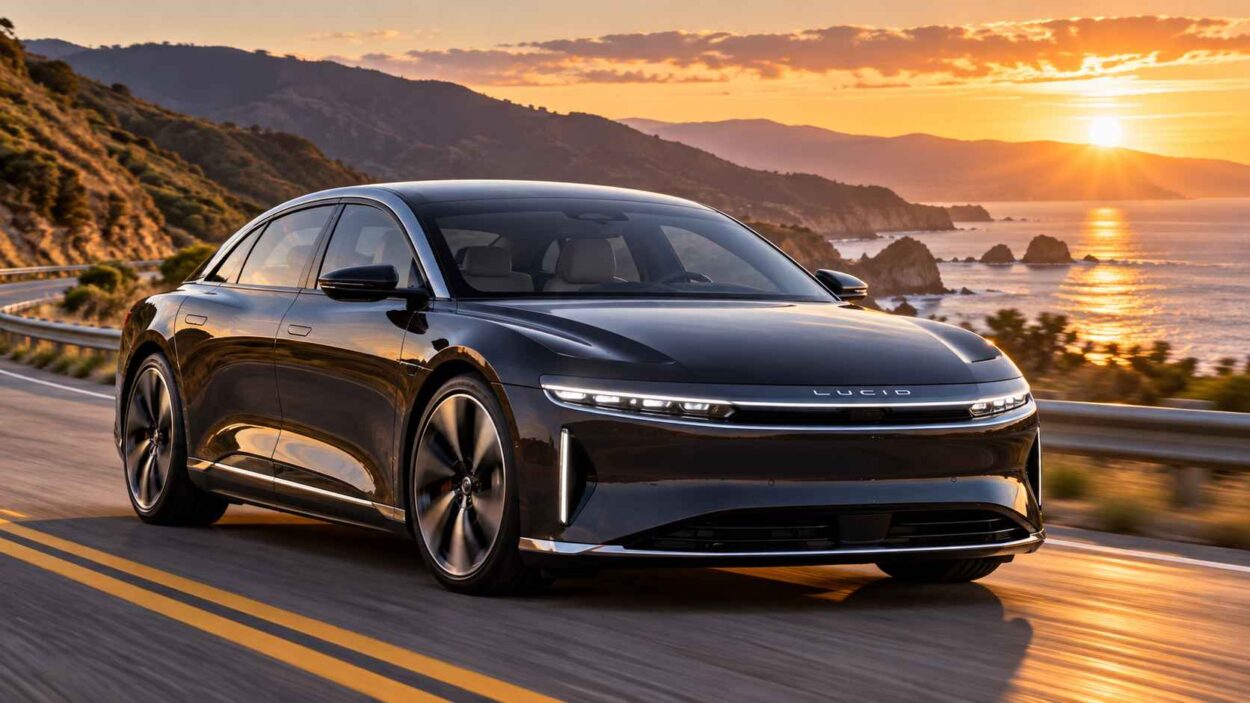 Dark Lucid Air Grand Touring beside the coast at sunset.