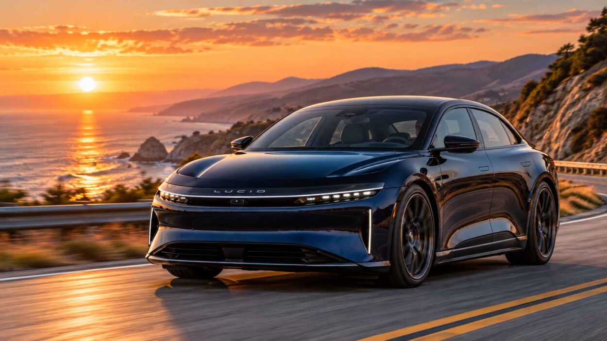 Dark blue Lucid Air Sapphire speeding on a winding coastal highway.