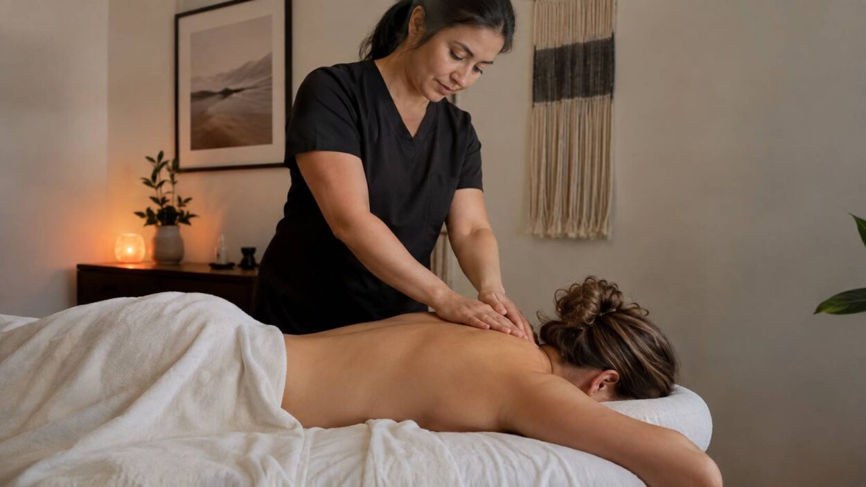 Massage therapist treats a client on a therapy table.