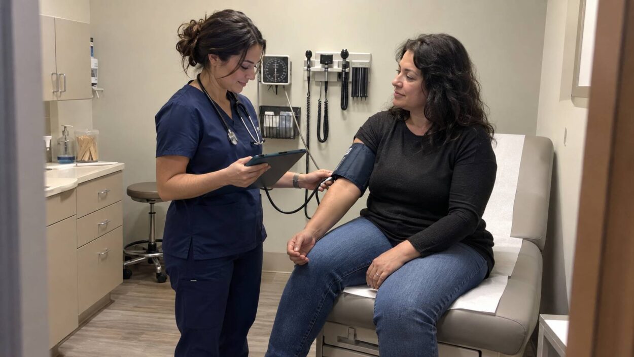 Medical assistant measures a patient’s blood pressure in an exam room.