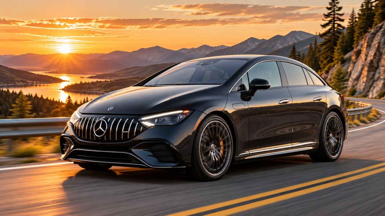 Black Mercedes-AMG EQE Sedan on a scenic mountain highway.