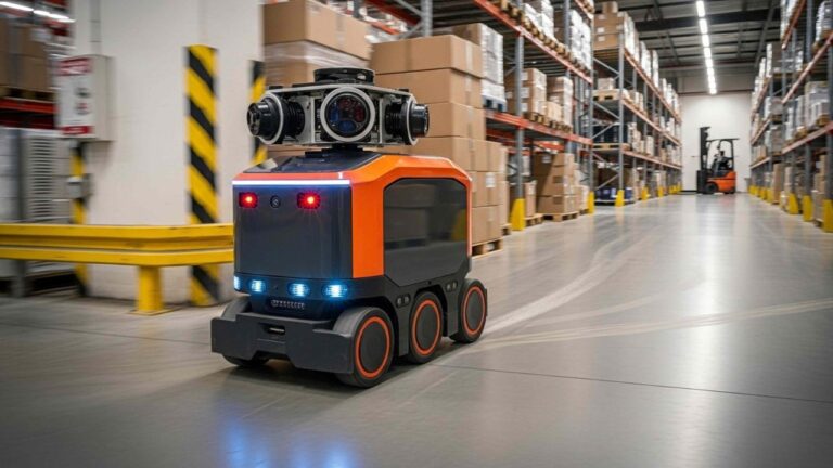 Autonomous warehouse robot moves through an aisle beside stacked boxes and storage racks