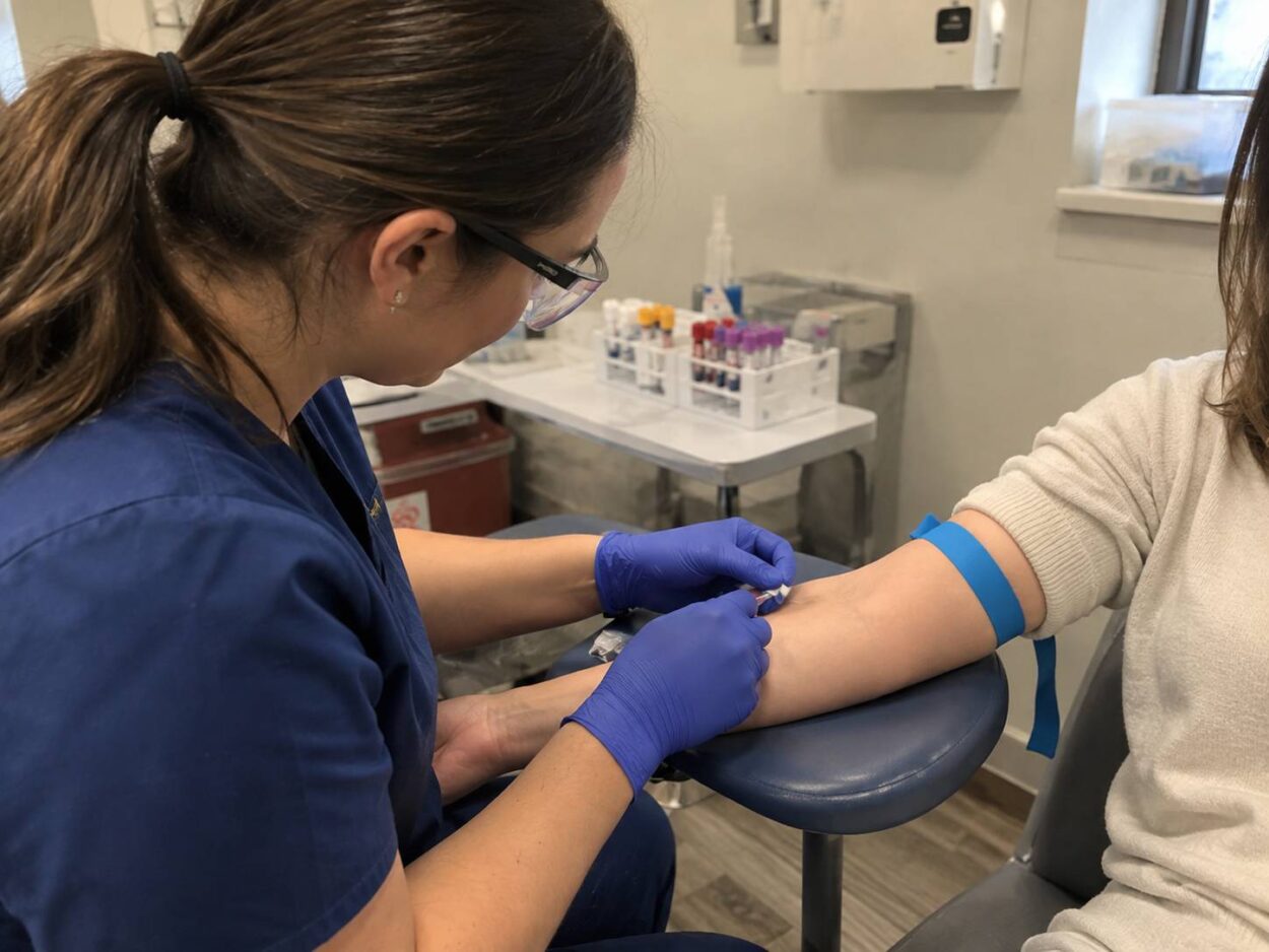 Phlebotomy technician draws blood from a patient’s arm.