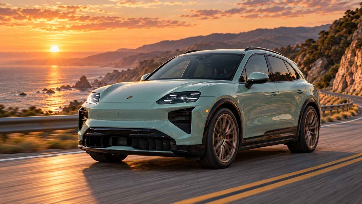 Porsche Cayenne Turbo Electric driving along a winding coastal highway.