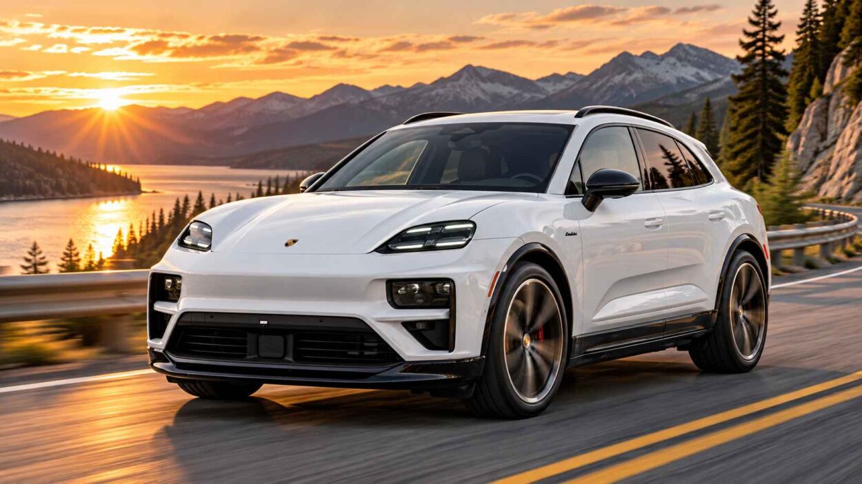 White Porsche Macan Turbo Electric beside a mountain lake.