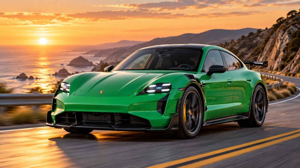 Green Porsche Taycan Turbo GT driving on a winding coastal highway.